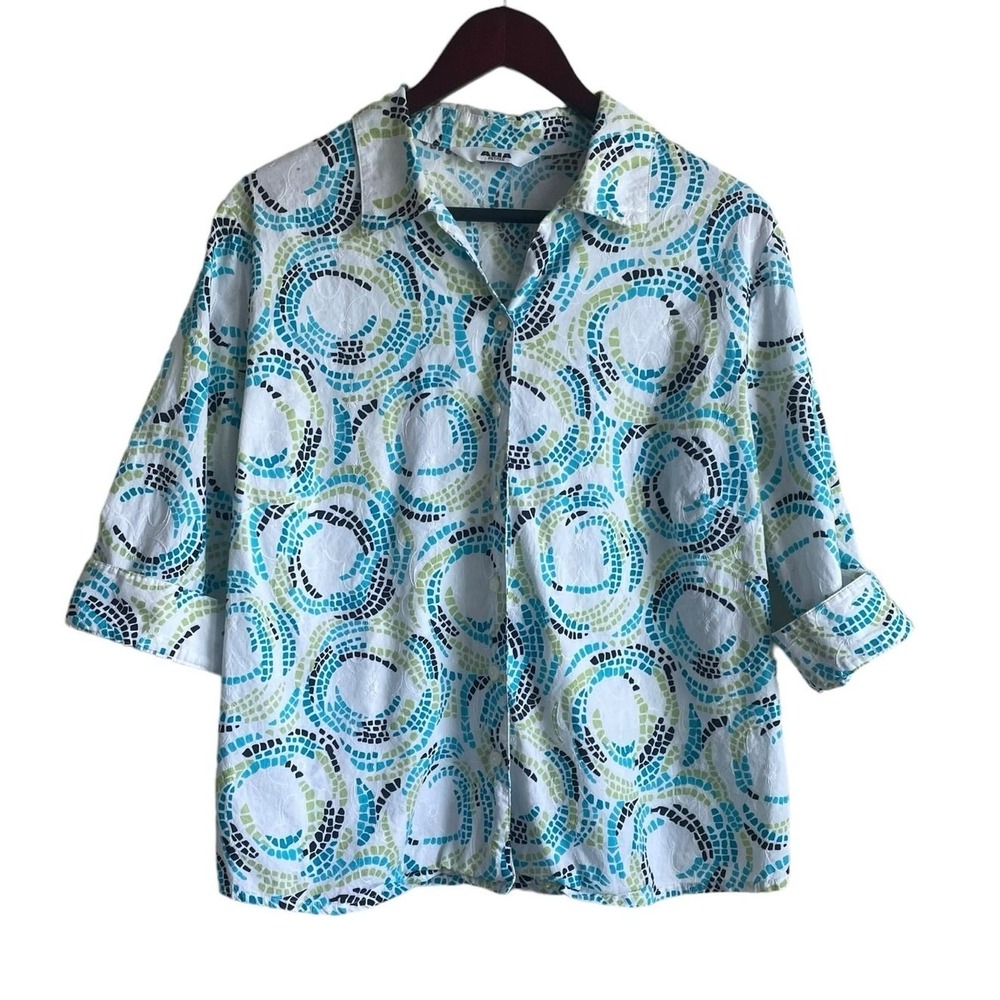 Alia Women Coastal Boho Button Up Shirt PL Blue Green Mosaic Eyelet Artsy Resort